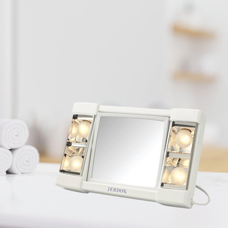 JERDON Two-Sided Makeup Mirror with Lights - Vanity Mirror with 3X Magnification & Glare-Free Lighting - White Base - Model J1010 - Image 4